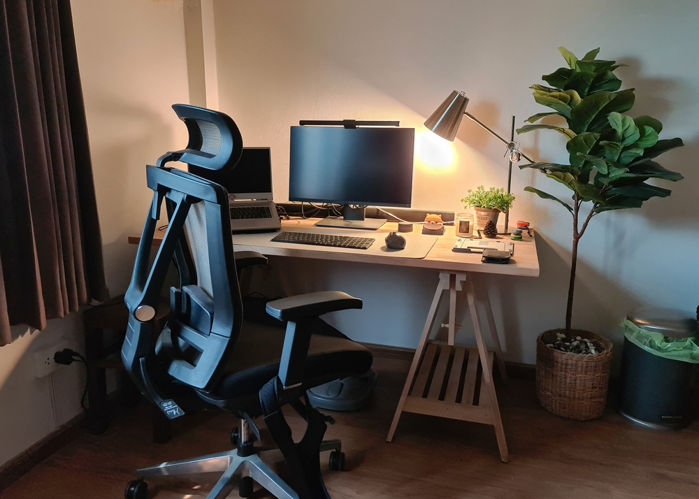 Ergonomic chair, table and monitor set up. With lamp and plant.