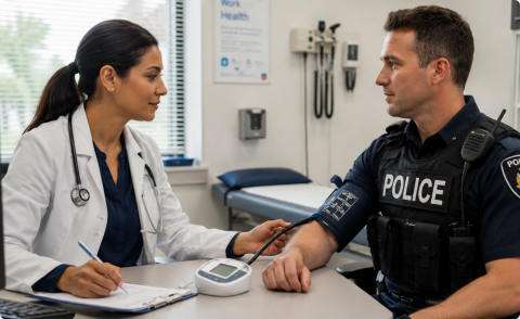 A female doctor checking the blood pressure of a police officer.